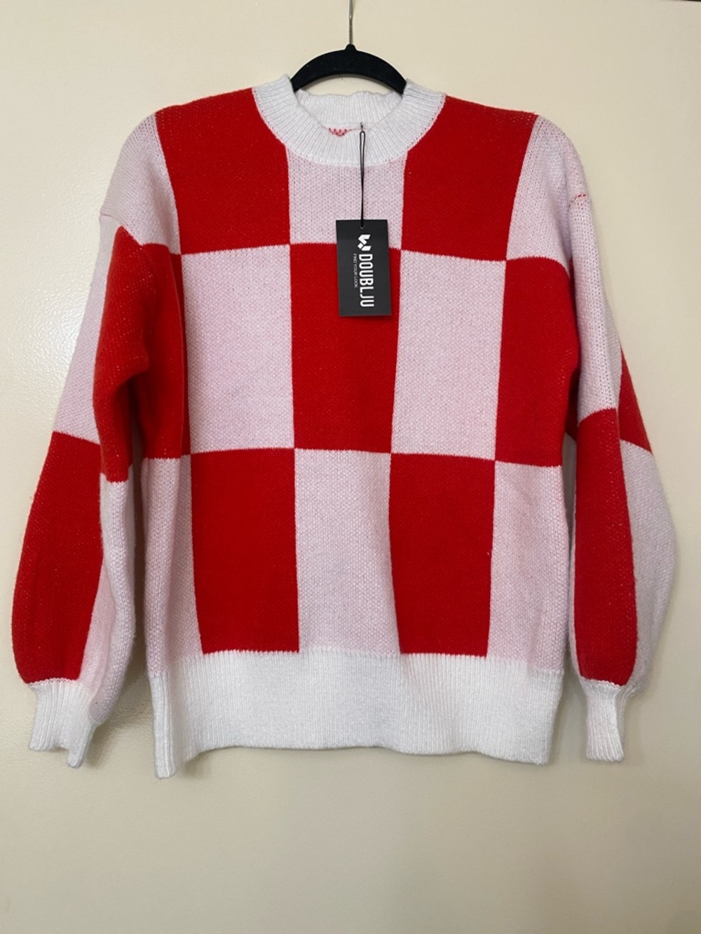 Red and White Checkerboard Knit Sweater - Picture 5 of 6